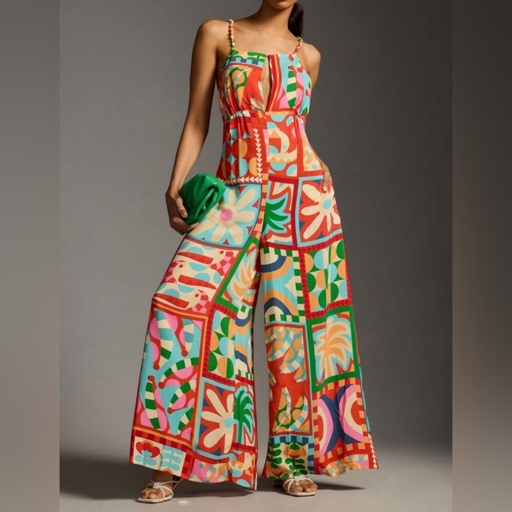 FARM Rio Geometric Print Halter Jumpsuit Size M